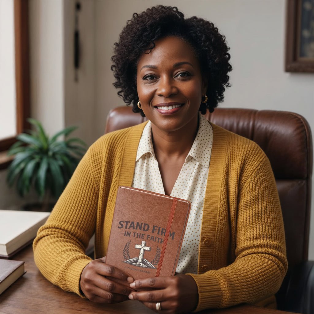 Black woman sitting in an office chair holding a colorful notebook