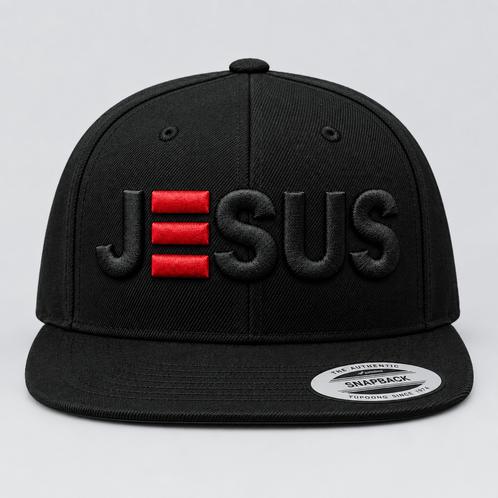 A black flat-brim snapback cap featuring an embroidered 'JESUS' design on the front, where the letter 'E' is rendered in red horizontal stripes. A silver 'Silhouette' sticker is visible on the brim.