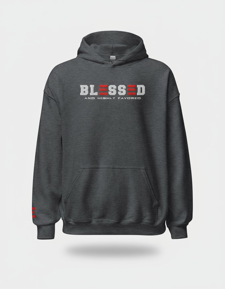 Gray hoodie with 'BLESSED AND HIGHLY FAVORED' text on a gray background