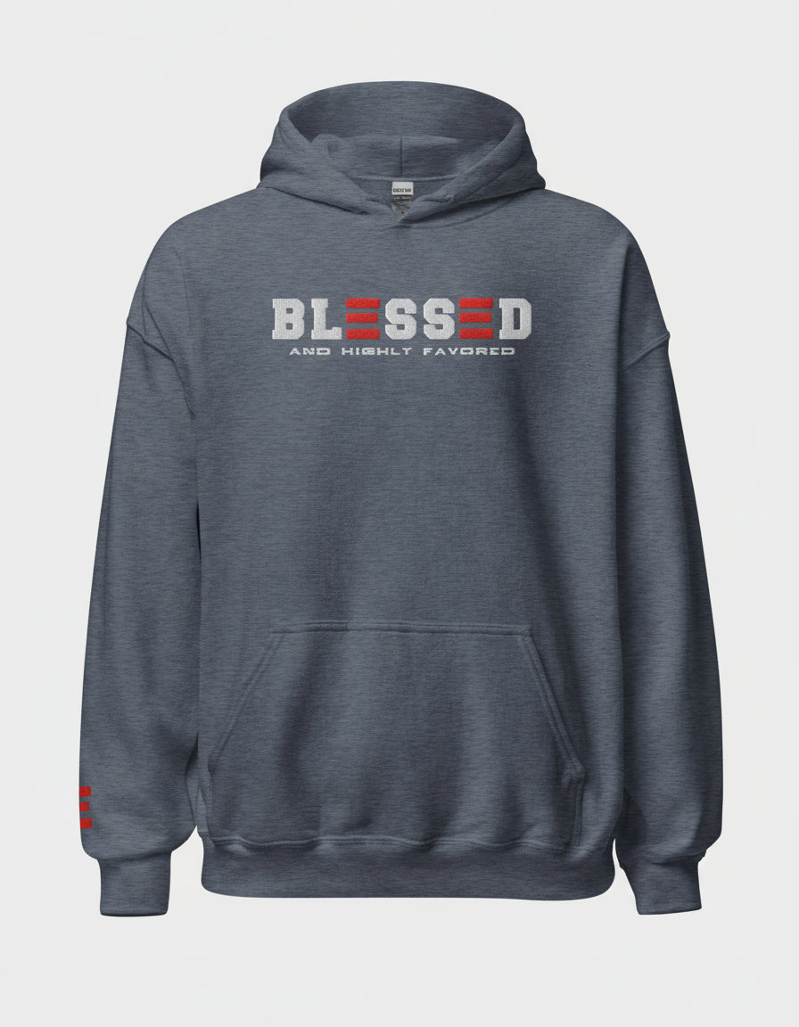 Gray hoodie with 'BLESSED AND HIGHLY FAVORED' text on a gray background