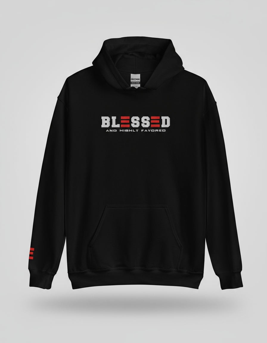 Black hoodie with 'BLESSED AND HIGHLY FAVORED' text on a gray background
