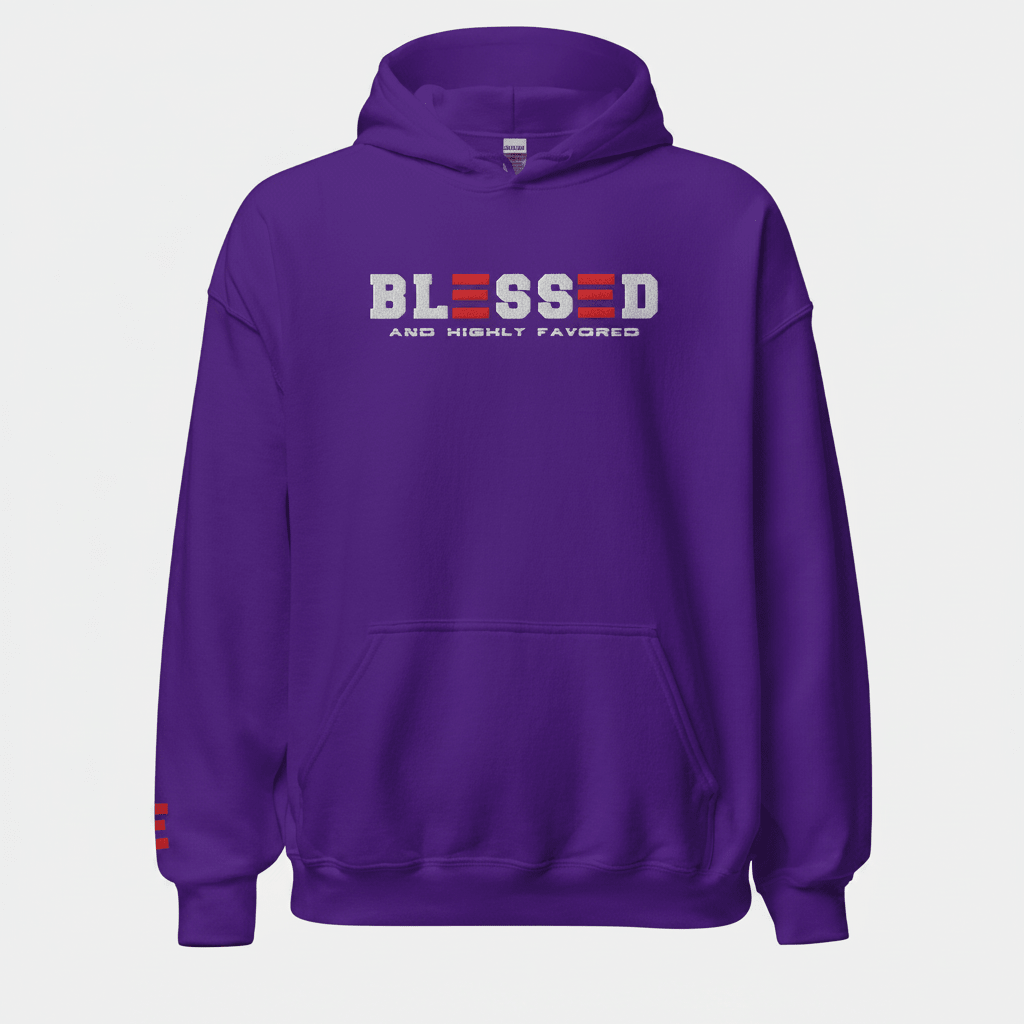 Purple hoodie with 'BLESSED AND HIGHLY FAVORED' text on a white background