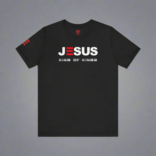 Black t-shirt with 'JESUS KING OF KINGS' text on a white background