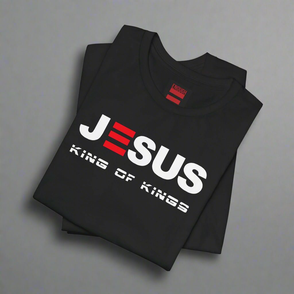 Black t-shirt with 'Jesus King of Kings' text on a white background