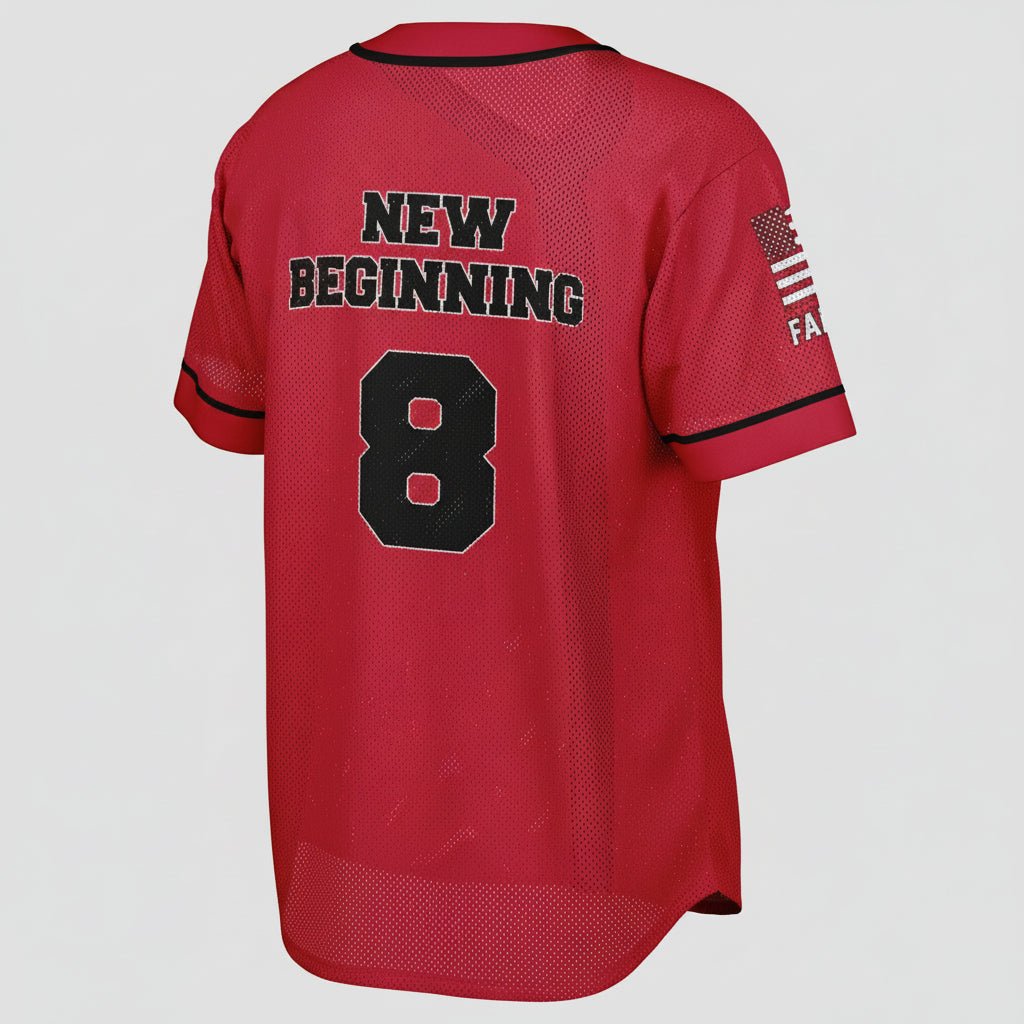 Red sports jersey with 'New Beginning' and number '8' on a white background