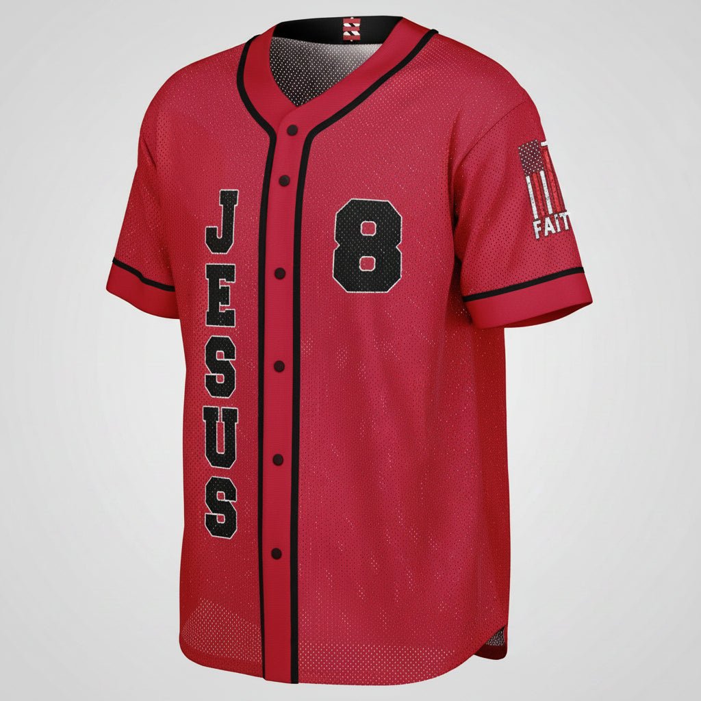 Red baseball jersey with 'Jesus' and number '8' on a white background