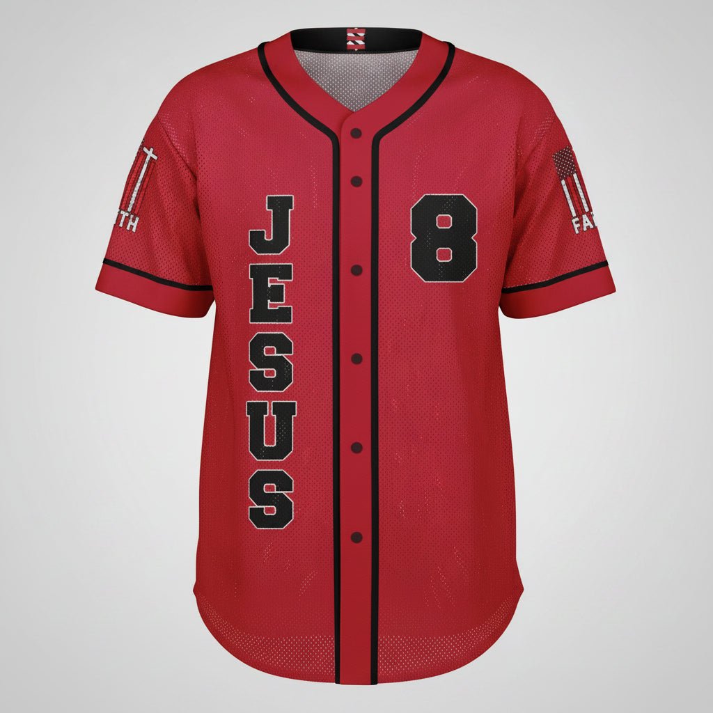 Red baseball jersey with 'Jesus' and number '8' on a white background