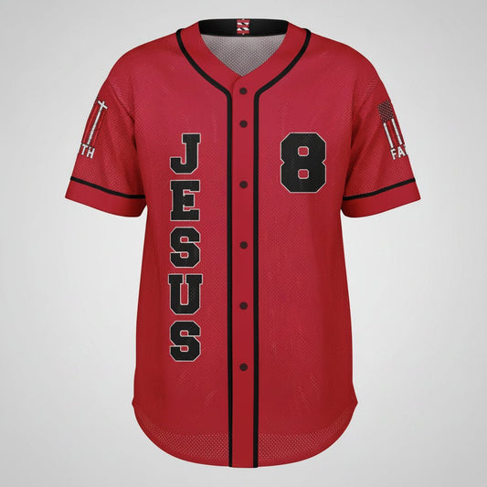 Red baseball jersey with 'Jesus' and number '8' on a white background