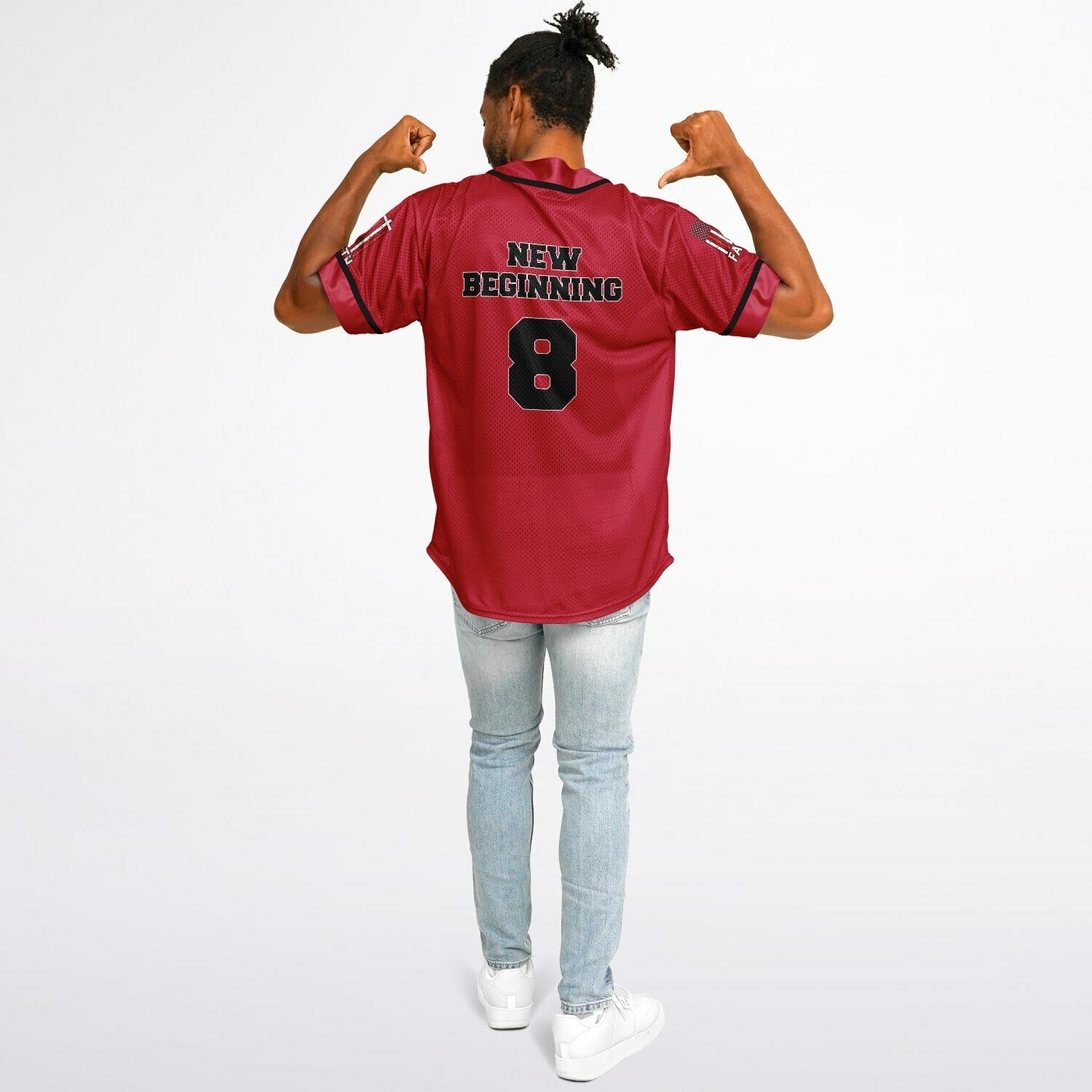 Person wearing a red jersey with 'New Beginning' and number '8', flexing muscles on a white background