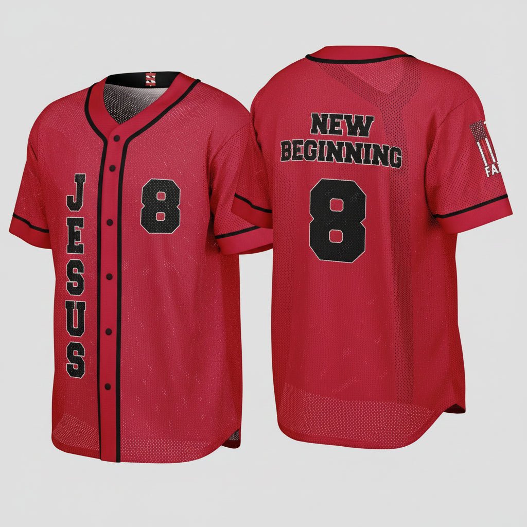 Red baseball jersey with text and number '8' on a white background