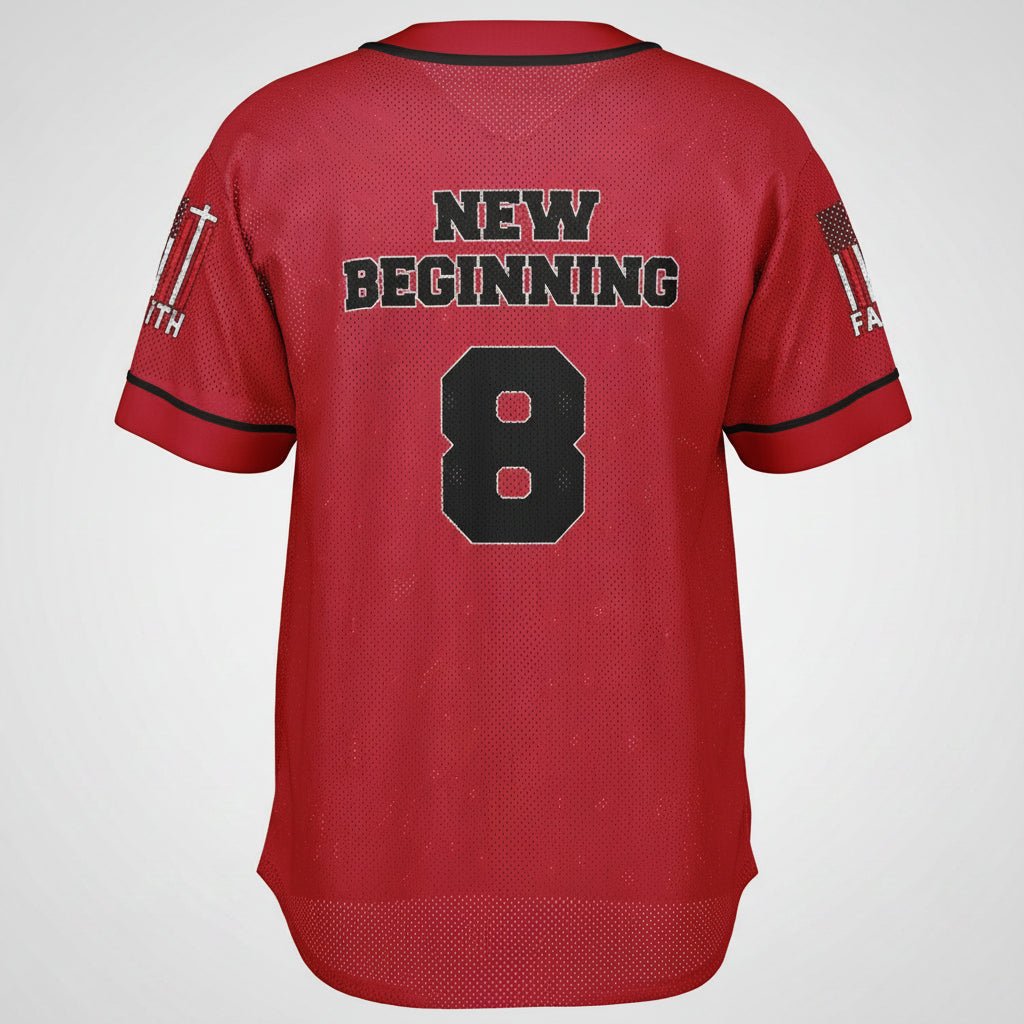 Red sports jersey with 'New Beginning' and number 8 on a white background