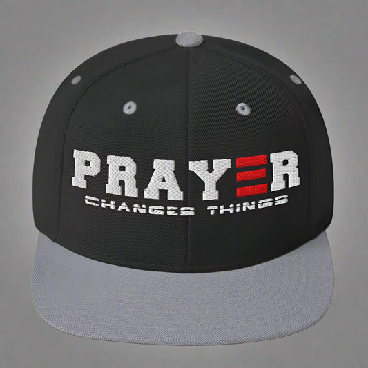 Prayer changes things black and silver snapback hat