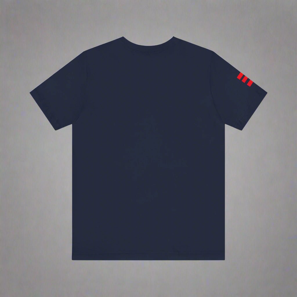 Navy blue t-shirt with red stripes on sleeve against a gray background