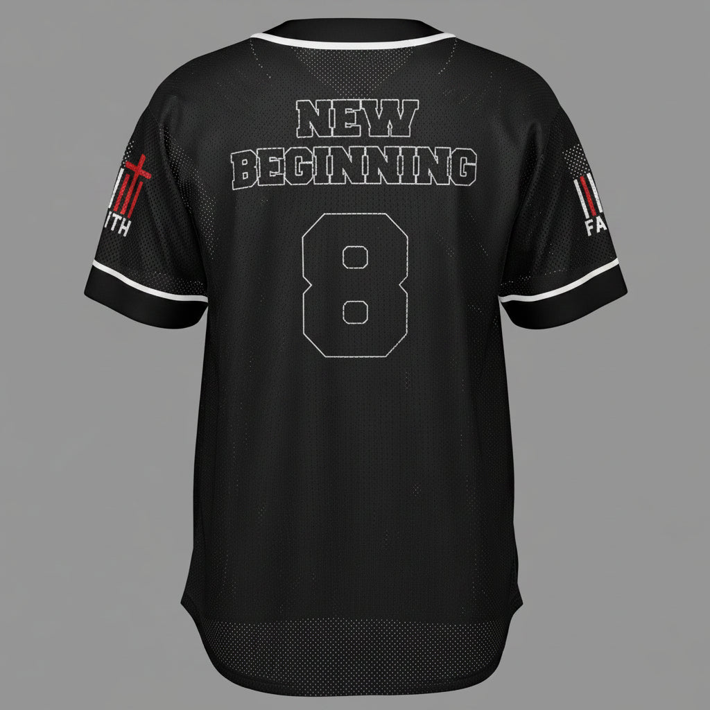 Black sports jersey with 'New Beginning' and number '8' on a white background