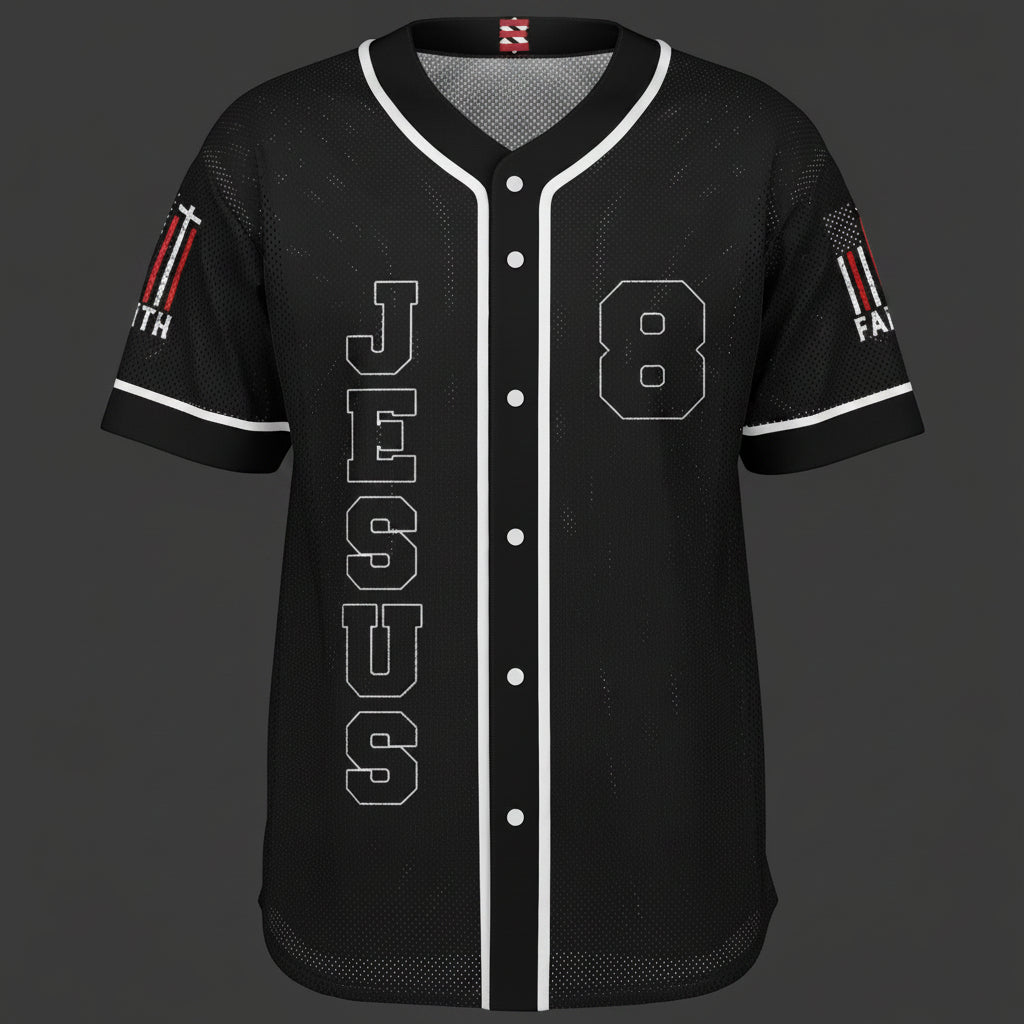 Black baseball jersey with 'Jesus' and number '8' on a white background