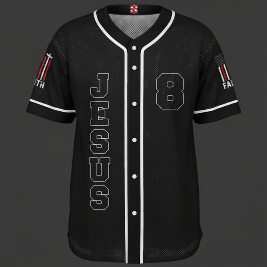 Black baseball jersey with 'Jesus' and number '8' on a white background