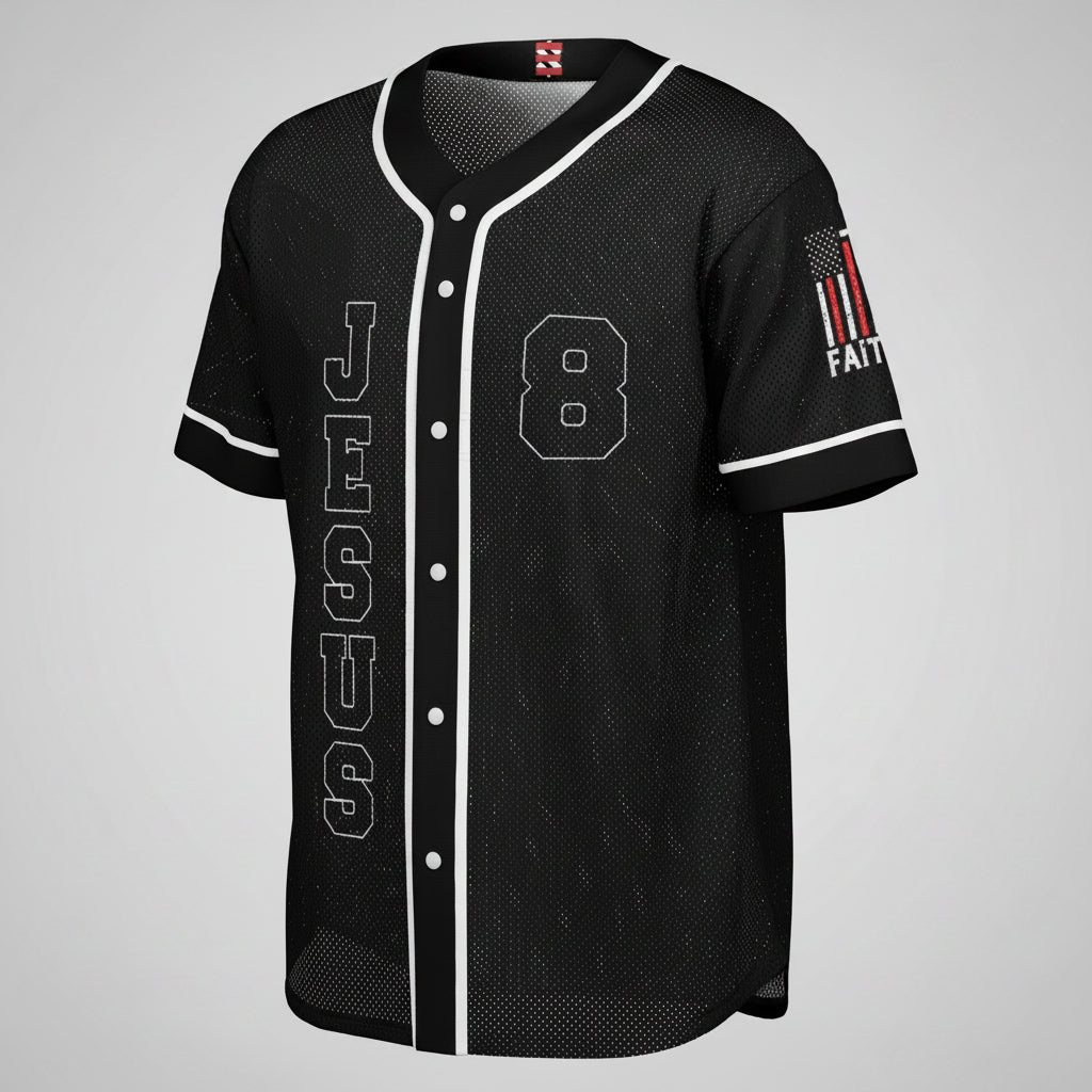 Black baseball jersey with white lettering and numbering on a white background