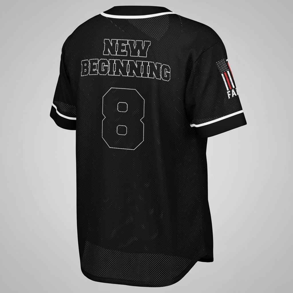 Black sports jersey with 'New Beginning' and number '8' on a white background